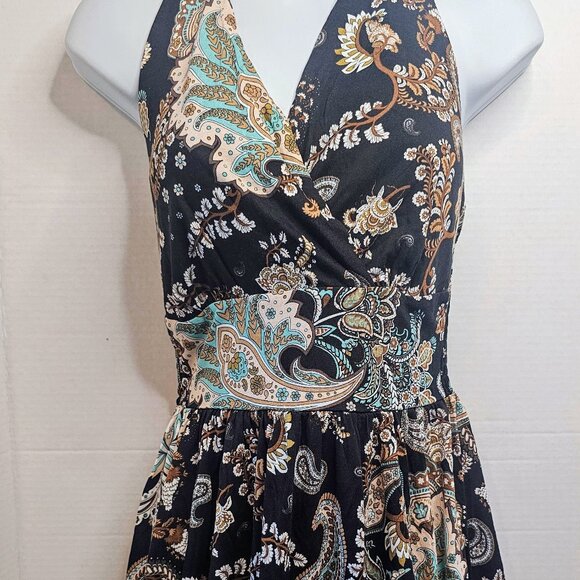 NWT LASCANA PAISLEY‎ HALTER DRESS BLACK/MULTICOLOR  STRETCH TIE NECK US SZ 2 - Picture 2 of 9